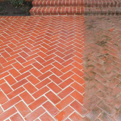 before and after of brick patio and steps that have been pressure washed